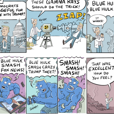 Zeno zaps a Democrat congressman and turns him into the Blue Hulk.